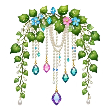 Exotic romantic Few cute tiny Iridescent glistening glossy sparkly shiny glittery hanging crystals pearls and beads and gemstones scenery scenic decorations with ivy and flowers sticker