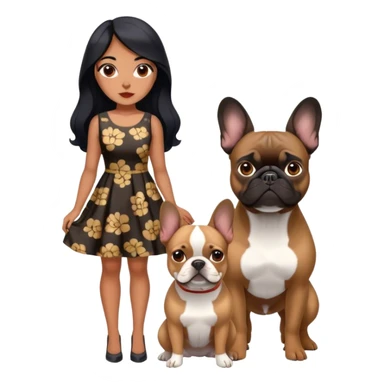 latin woman in a dress with long black hair standing alongside two French bulldogs  sticker