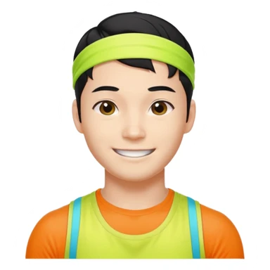 Korean 27-year-old male health coach / Wearing fluorescent colors / White face / Hairband / Smiling expression / Short black hair / Muscular body sticker