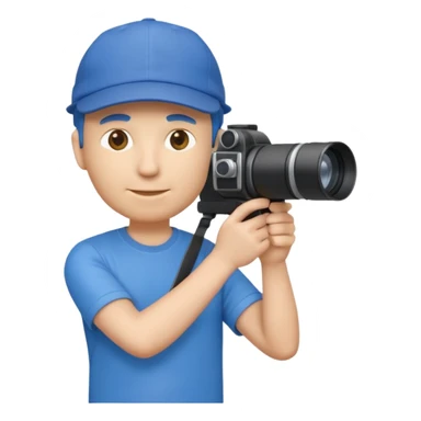 3D emoji-style icon of a photographer in side profile, wearing a blue cap backwards and a blue t-shirt, holding a professional camera with a long telephoto lens sticker