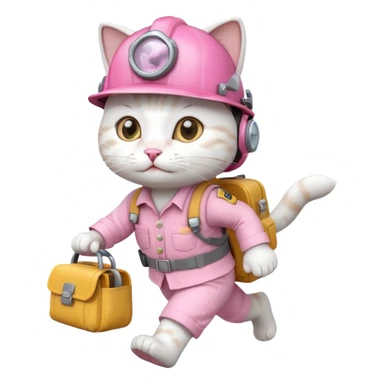 A cute white and pink cat dressed as engineer with a white helmet running fast carrying her cute bag sticker