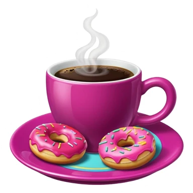 A steaming cup of coffee, magenta with a yellow butterfly print, sits on a magenta saucer with colorful donuts. sticker