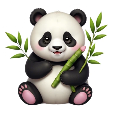 Cinematic smiling chubby panda, fluffy black and white fur, round rosy cheeks, tiny paws holding a bamboo shoot, sparkling eyes full of joy, soft glowing background, irresistibly huggable. sticker