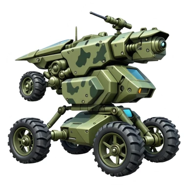 a 4-wheel camouflage army massive mech motorcycle shooting forward side-hill active suspension enemy mech off-road racing rover with large fast engine  sticker