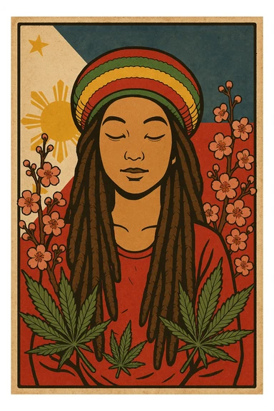 Vintage poster of an Asian Rasta woman with long dreadlocks, peaceful eyes, and a red-gold-green tam. Surrounded by cherry blossoms and ganja leaves. Background Asian flag. Retro reggae fusion vibe, with bold lines and aged paper texture. Philippines with the actual flag
 sticker