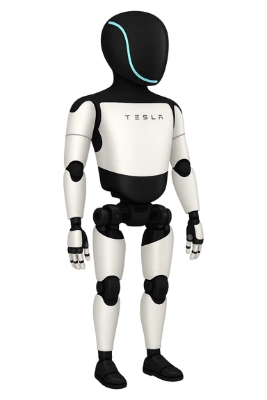 Create a fullbody Tesla robot emoji with the exact head from the reference image, arms down pose, apple emoji style, looking slightly to the side, ensuring the head and feet are fully in frame. sticker
