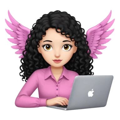 a girl typing mac book with long black curly hair and brown eyes with winged black eyeliner, pink shirt sticker