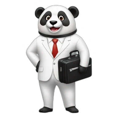 A professor with white suit and red tie and a panda face eating a hotdog and holding a black suitcase sticker
