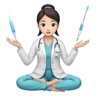 emoji of an asian woman with a single bun in a white lab coat sitting cross legged with micropipettes levitating above each hand. the tips should be pointing away from her and she should not be wearing a stethoscope sticker