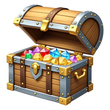 Clash of Clans aesthetic: Cinematic Playful 3D Isometric Treasure Chest Emoji, rendered in a 3D vector-style similar to standard emojis with minimal shading and bold, simplified shapes. A compact, distinct form with signature details, softly glowing with a fantasy RPG magic charm. Simplified yet unmistakably iconic, highly detailed and consistent, glowing with a soft radiance and high shine. Stylized with a touch of heroic grandeur and a soft glowing outline, capturing the essence of a beloved gaming relic with a friendly, playful manner! sticker