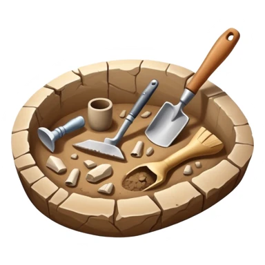 An icon featuring an excavation site with a trowel and ancient artifacts, like pottery and bones, scattered around. The design includes a partially uncovered fossil and a digging brush, symbolizing the discovery of history through archaeology. Transparent background  sticker