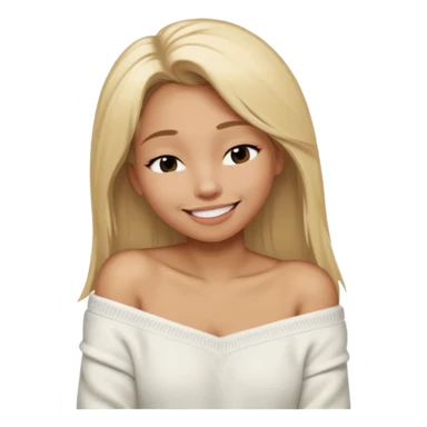 Mujer color de piel moreno claro, con cabello rubio largo, lacio y suelto, ojos negros, usando un suéter off shoulders blanco, sonriendo sin enseñar los dientes durmiendo  sticker