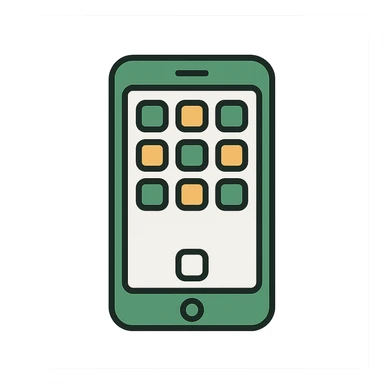 iPhone facing forward with visible app icons, modern look, green gold and white color scheme, rounded shapes, simple design sticker