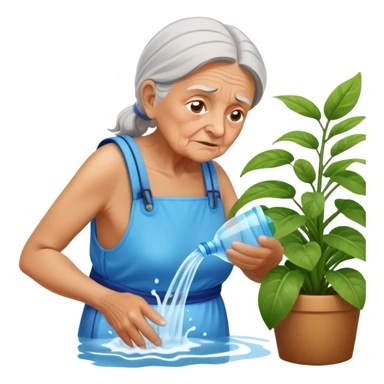 Old woman, wearing water pack, struggling to water house plants sticker
