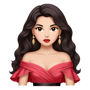 A woman with almond-toned skin, dark voluminous hair in waves, expressive eyes with soft lashes and shimmer, full lips with a glossy nude-pink color, wearing a red dress and a white sash with “Miss San Juan” in black letters, exuding elegance and confidence. sticker