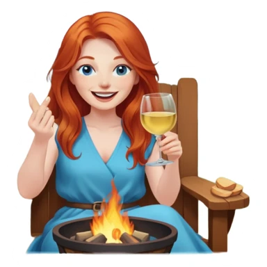 Laughing redhead with long hair and blue eyes holding white wine sitting in chair beside fire pit sticker