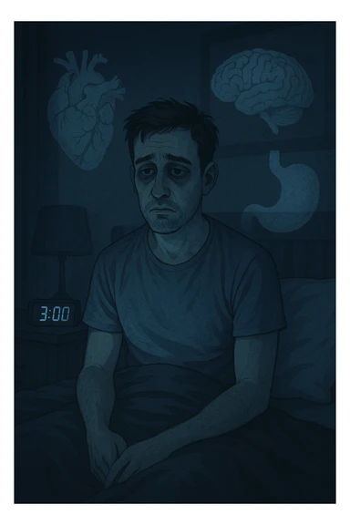 a man sits awake in bed in the middle of the night, dark circles under his eyes and a tired, anxious expression. The room is dimly lit by the blue glow of a phone or digital clock showing 3:00 AM. Around him, faint ghostly overlays of anatomical drawings highlight affected organs—heart, brain, and stomach—symbolizing the physical harm caused by disrupted sleep. sticker
