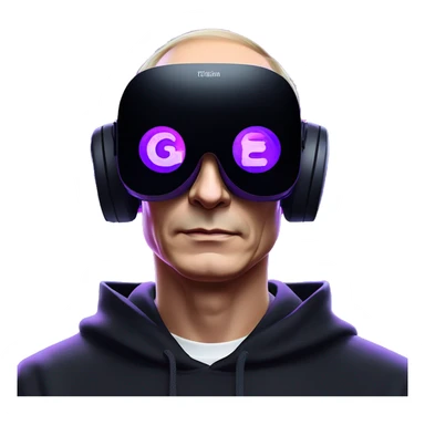 Vladimir Putin wearing a black hoodie with "OMG" letters on it and VR headset oculus quest 2 in a cyberpunk VR environment with violet neon lighting. sticker