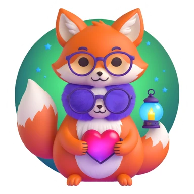 small magical fox with shimmering purple and blue fur, glowing fluffy tail, silver star on forehead, round glasses, tiny lantern, hugging a big red heart sticker