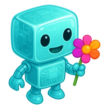 Redesign this robot in glossy circuit style with the main color #6fe8f3 turquoise, keep the cute expression and the flower in its hand, no background. sticker