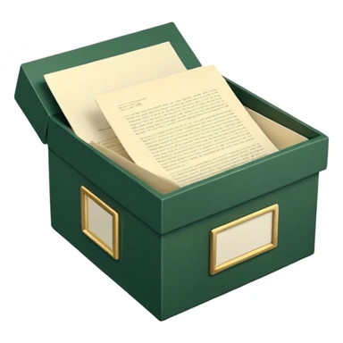 3D minimal open box with papers and documents floating out, matte finish, deep green (#0B3D2C) box, cream (#F5F5DC) papers, gold (#C9B037) subtle glow, Apple style, clean and premium, soft shadow, transparent background sticker