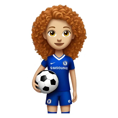 ginger curly hair girl with blue eyes, with football and red and black nike football boots with a football in hand, while wearing a chelsea kit sticker