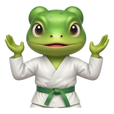 cute frog doing karate portrait, head and shoulders only, wearing white gi uniform, green belt visible, funny serious face, 3D cartoon, mobile game icon style, clean background, no text, no watermark
 sticker