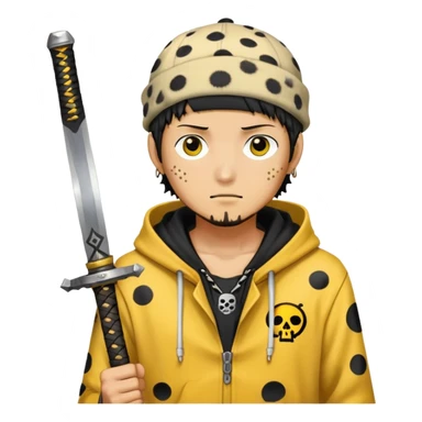 Trafalgar Law with spotted hat, yellow hoodie, nodachi sword sticker