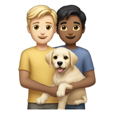 gay-couple,-1-guy-straight-blackhair australian-and-1-australian-white-guy-with-blackhair-slightly-curly-holding one light yellow labrador retriever puppy one labrador retriever puppy sticker