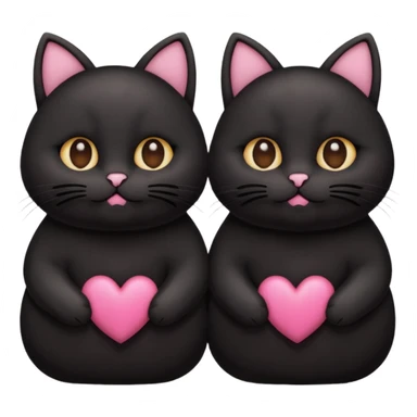 two fat cute black cats love, closed mouth, black ears, pink heart sticker