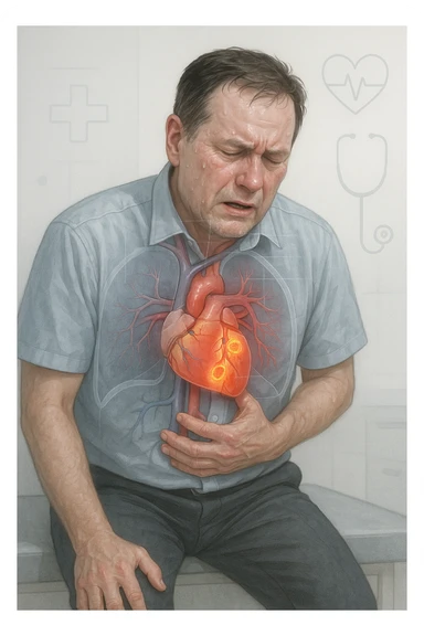 a middle-aged man sits on a bench, clutching his chest with a pained expression. His face is pale and sweaty, and his posture is hunched forward. A transparent overlay reveals his heart and major blood vessels, with highlighted areas indicating blockages or damage. The background is clean and clinical, with subtle medical icons. sticker