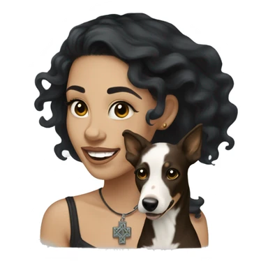 light skin woman with a face tattoo of a small cross near her eye and long wavy black hair expressing joy alongide a white and brown miniature kelpie sticker