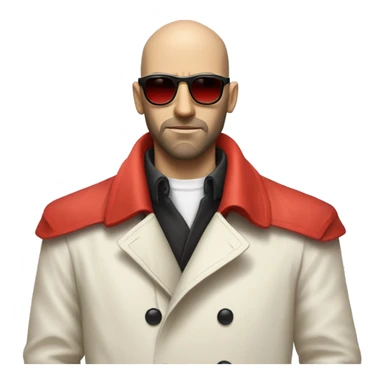 <excerpt>
A white man with real buzz cut Black hair, beard stubble donning small red tinted sun glasses in a dirty white trench coat, is serious.
</excerpt> sticker
