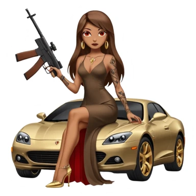 Lilith tan skinfemale red eyes symbol. Tattoo arms. Her hair is brown straight long hair.wearing sexy long sexy dress with slit. black stiletto thick platform high heels shoes on. Sitting on gold giant luxury car with cash inside . She is holding a sniper rifle in one hand cash in other hand sticker
