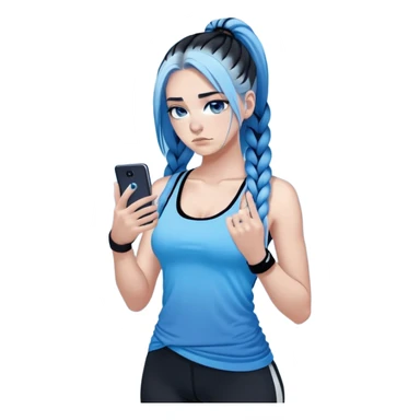 Broken hearted-Female-very very very large chest-texting on a samsung cell phone-very long straight braided black to sky blue hair ombre-blue eyes-black eyeliner-long eyelashes-sky blue low cut tank top with middle finger logo-white leggings-nike high top sneakers sticker