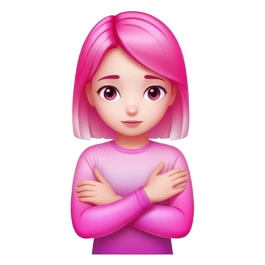 Shy girl character with arms crossed, transparent glass style, bright pink gradient, soft shadows and highlights, minimalist cute design sticker