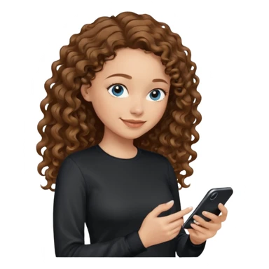generate a pretty woman with blue eyes, light skin and medium brown long wavy/curly shiny hair holding a phone she is looking at the phone while looking down at the screen. she is wearing an ALL black long sleeve sticker