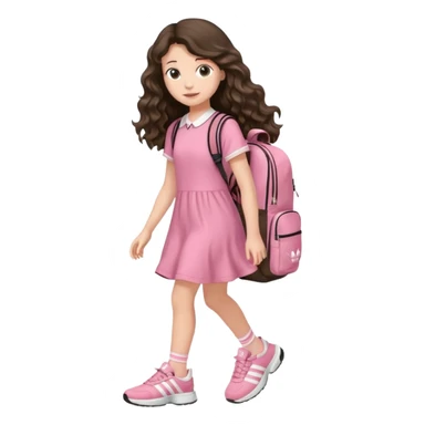 aestethic brunette very,very,very long wavy hair walking with a school backpack, with a cute pink dress, adidas shoes sticker