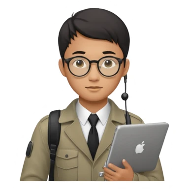 a asia man guy his 20s wearing an apple notebook, wearing bodyguard radio operator, round glasses, achromatic clothes sticker