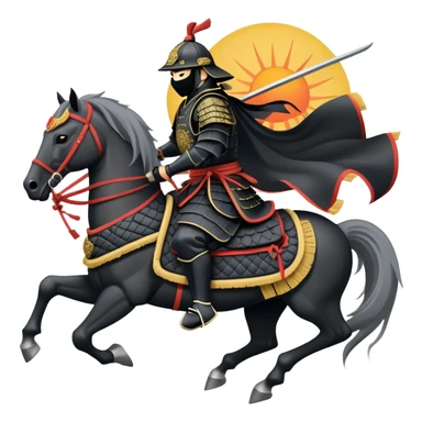 clash-of-clans-aesthetic_-cinematic-fearsome-and-majestic-samurai-bust-portrait-emoji, rendered in a flat, vector-style with minimal shading and bold, simplified shapes typical of emoji art, depicting a battle-hardened samurai with black mask and traditional black Japanese armor. The samurai is riding a noble grey warhorse adorned with an intricately designed saddle and fluttering banners and a rising sun. a samurai riding on a  horse sticker