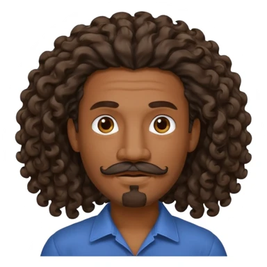 a martinican with long curly hair who fall, a goatee, a mustache sticker