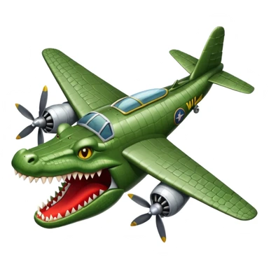 crocodile with its head transformed into the front of a WWII bomber plane mouth agape sharp teeth metallic body wings and propellers emoji style absurd meme-inspired sticker