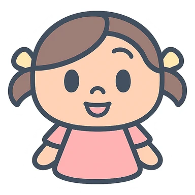 Monica Toy character as a lineal color icon, soft pastel palette, friendly and approachable sticker