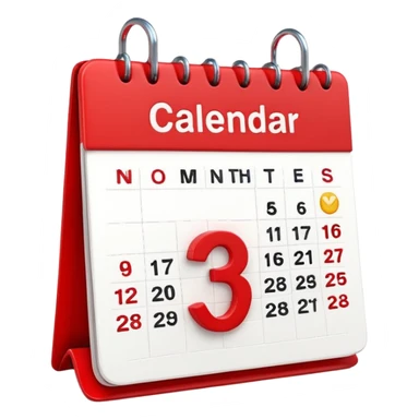 Apple-style 3D emoji icon of a calendar in perspective view, minimalistic design, only one centered date number, no month name, no weekday, no text or symbols other than the single number, realistic glossy material, soft depth, clean and detailed rendering sticker