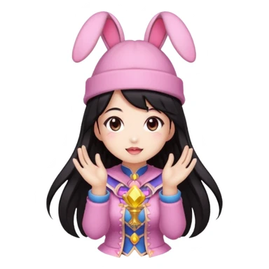 pixel art chibi asian girl with dark long hair in pink bunny ears hat magical girl with kawaii tarot cards thrown in air pixel emoji sticker
