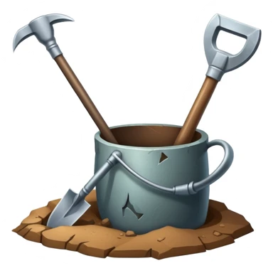 An icon featuring a shovel, pickaxe, and an ancient artifact like a broken pot, symbolizing the essentials of archaeology. The design focuses on the tools of excavation and discovery, recognizable look. Transparent background. sticker