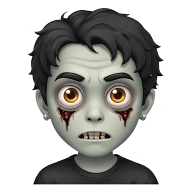 Menino de cabelos preto ondulado muleke médio brinco de argola prata redondos e pequenos em forma de zumbi com olhos castanhos usando camisa preta de pele clara sticker