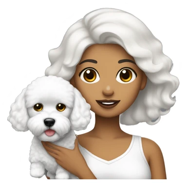mujer piel blanca cabello negro con perro bichon blanco sticker