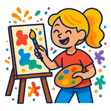 creative blond girl, painting on canvas, splashes of color, joyful mood, creative atmosphere sticker