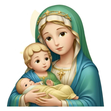 "A highly detailed iOS 18 emoji-style depiction of the Virgin Mary holding baby Jesus. Mary is wearing a green and blue mantle with a soft yellow veil, holding baby Jesus wrapped in a light yellow cloth. Both figures have soft, serene expressions and golden halos around their heads. The background is a glowing golden light with subtle clouds below them. Render in Apple emoji aesthetic — smooth, rounded shapes, bright pastel colors, glossy finish, minimalistic yet expressive, iconic emoji style. Maintain full fidelity to the original pose, colors, and facial features." sticker
